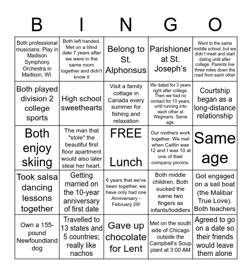 Pre-Cana Getting to Know You Bingo Card