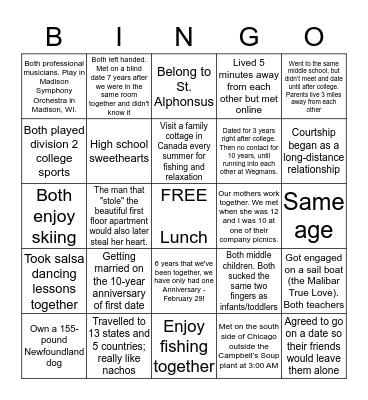Pre-Cana Getting to Know You Bingo Card