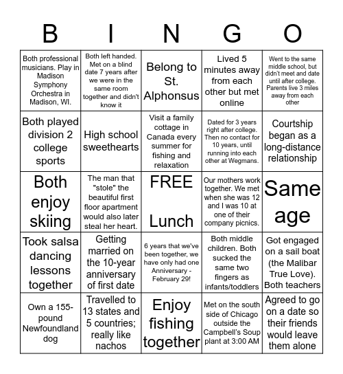 Pre-Cana Getting to Know You Bingo Card