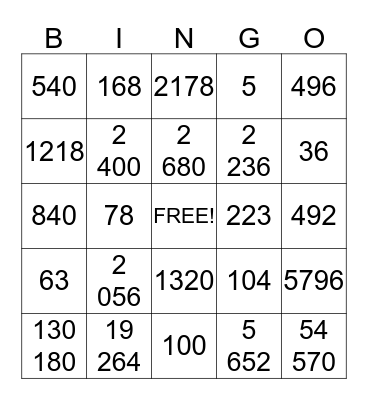 Multiplication Bingo Card