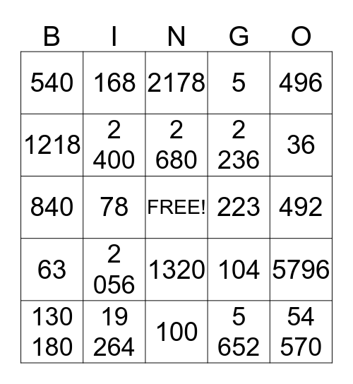 Multiplication Bingo Card