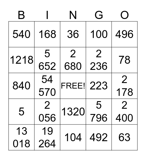 Multiplication Bingo Card