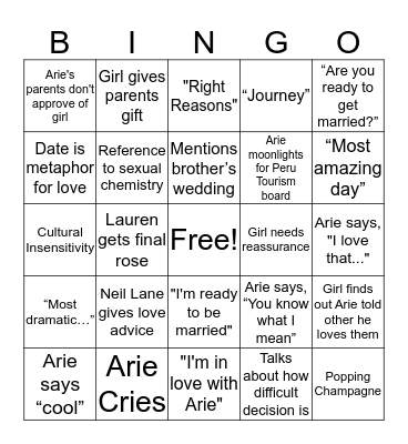 Arie Finale Bingo Card