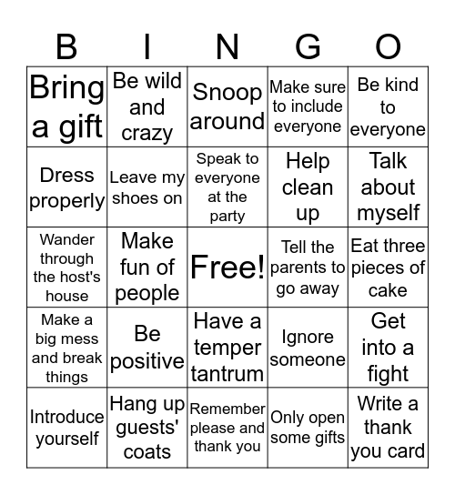 Party Etiquette BINGO Card