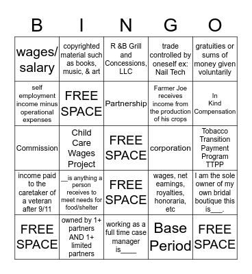 Countable Earned Income Bingo Card