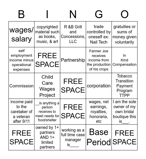 Countable Earned Income Bingo Card
