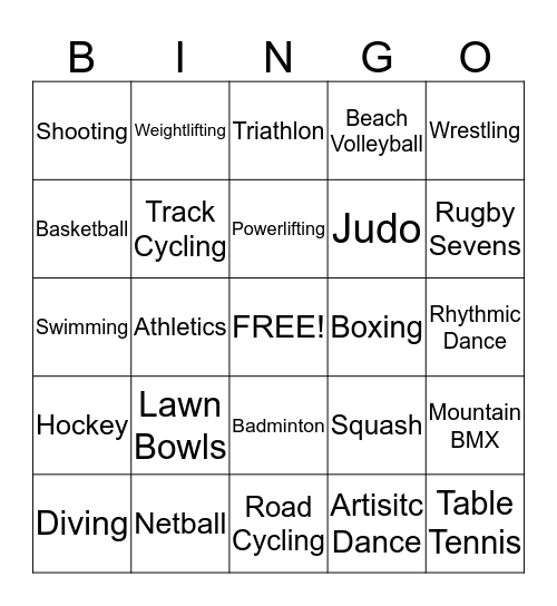 Commonwealth Games Sports Bingo Card