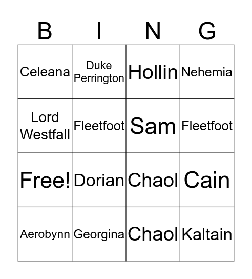 Throne of Glass Bingo Card