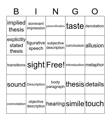 Description Bingo Card