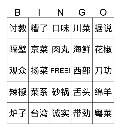 中国菜系 Bingo Card