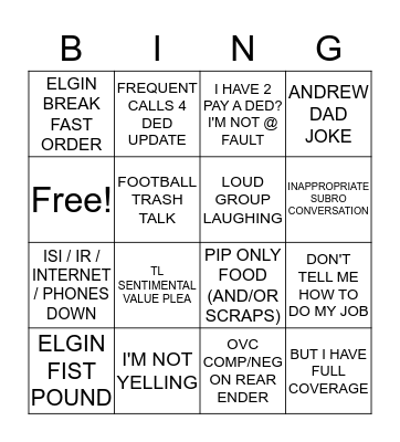 G2G-SUBRO BINGO Card