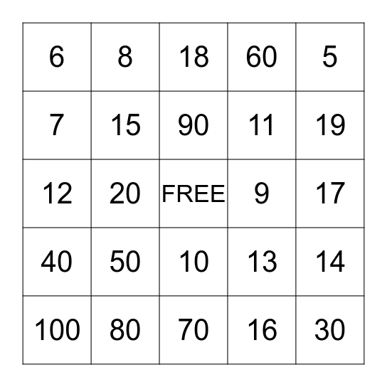 NUMBER BINGO Card