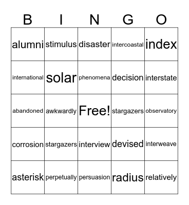 Unit 4 vocabulary Bingo Card