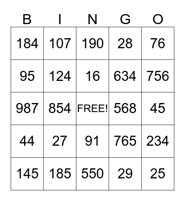 Place Value Bingo Card