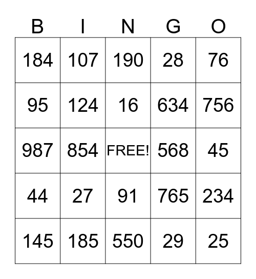 Place Value Bingo Card