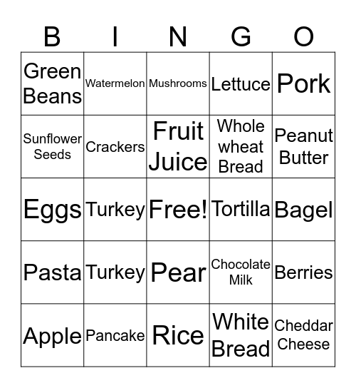 Nutrition Bingo Card