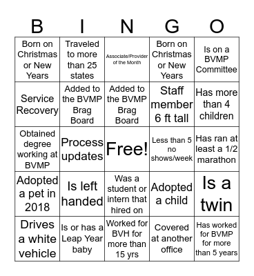 BVMP Bingo Card