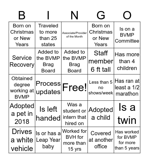 BVMP Bingo Card