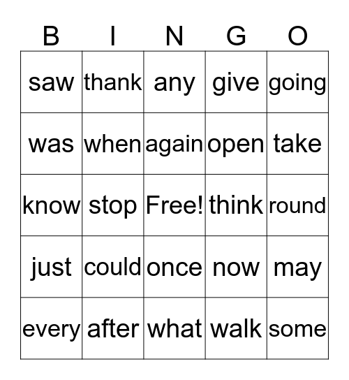 First Grade Words Bingo Card