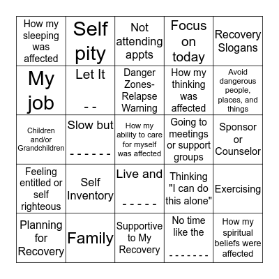 Recovery Bingo Card