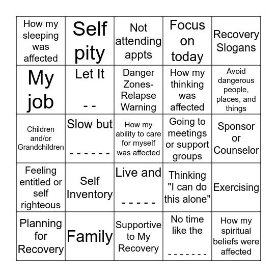 Recovery Bingo Card