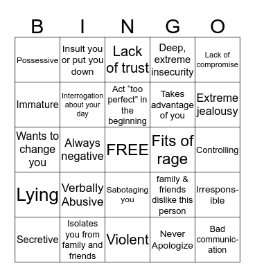 Relationship Red Flag Bingo Card