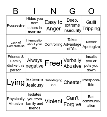 Relationship Red Flag Bingo Card