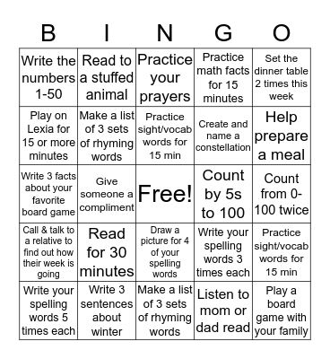 Homework Bingo Card