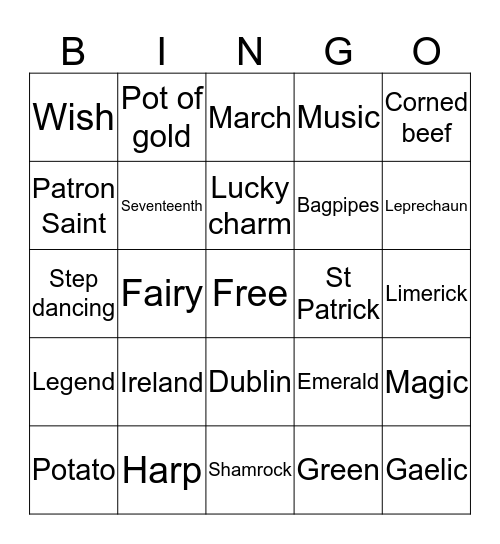 St. Patrick's Day Bingo Card