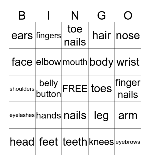 Body Parts (Partes del Cuerpo) Bingo Card