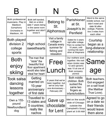 Pre-Cana Getting to Know You Bingo Card