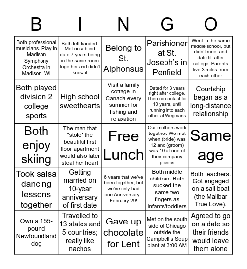 Pre-Cana Getting to Know You Bingo Card