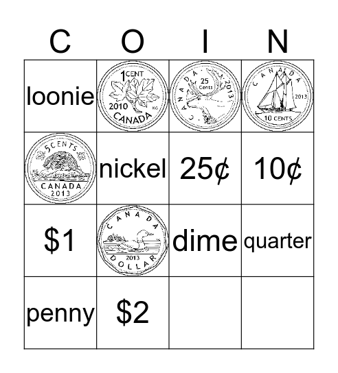 Canadian Coins  Bingo Card