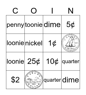 Canadian Coins  Bingo Card