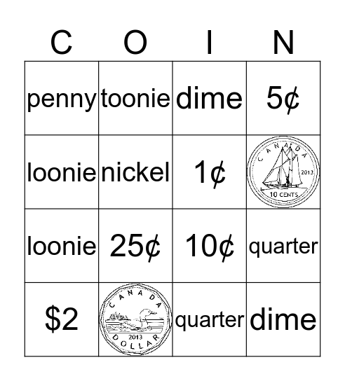 Canadian Coins  Bingo Card