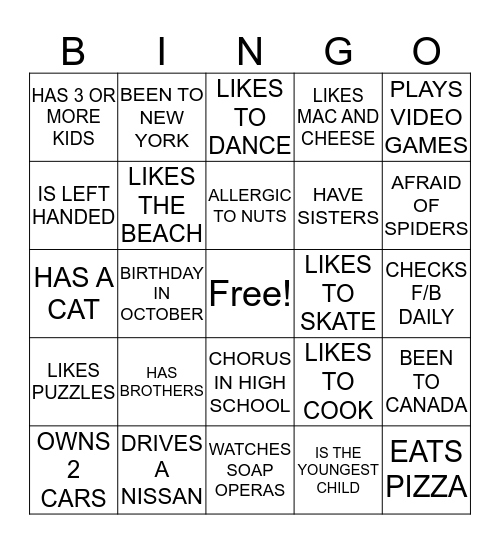 GETTING TO KNOW YOU Bingo Card