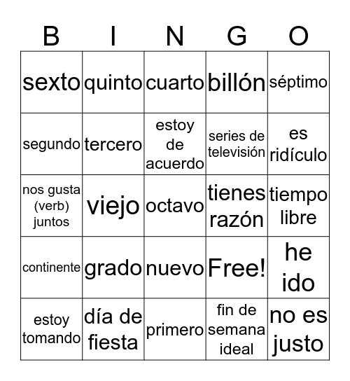 BINGO de Vocabulario Bingo Card