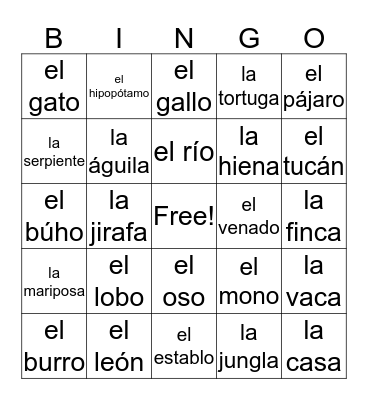 Animales y lugares Bingo Card