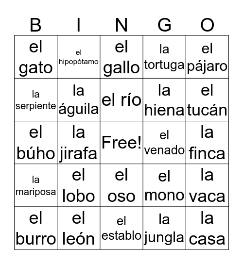 Animales y lugares Bingo Card