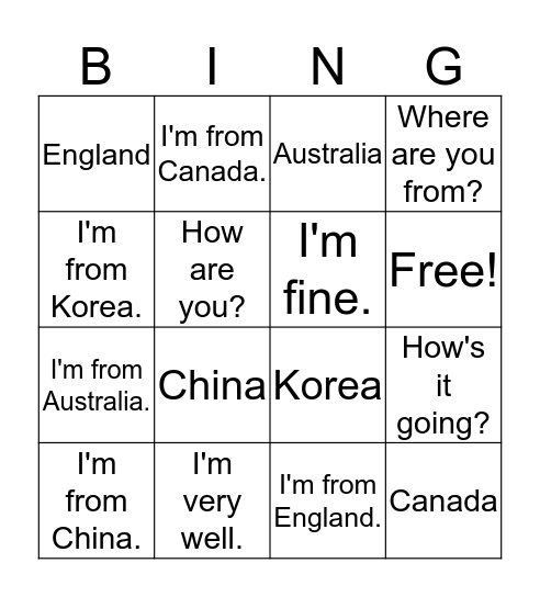 Where are you from? Bingo Card