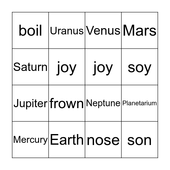 Planets Bingo Card