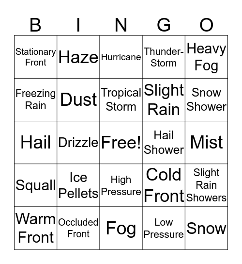 Weather Bingo Card