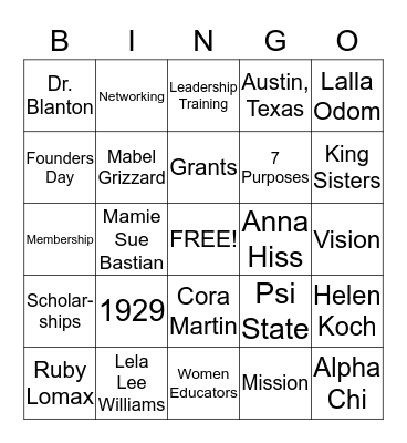 Delta Kappa Gamma Bingo Card