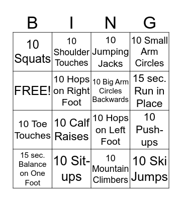 Fitness Bingo Card