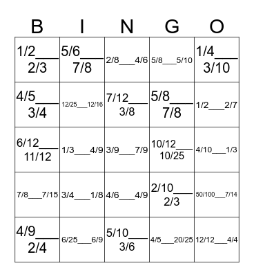 Comparing Fractions Bingo Card