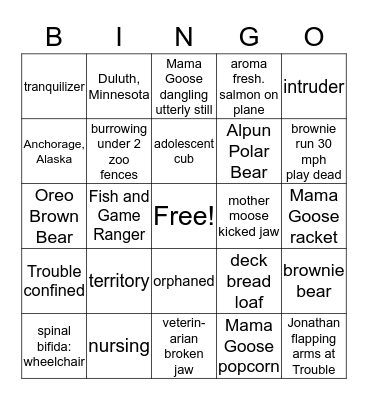 A Bear Named Trouble Bingo Card