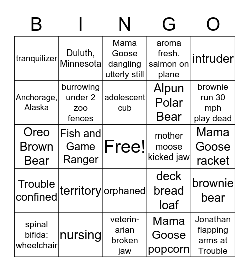 A Bear Named Trouble Bingo Card