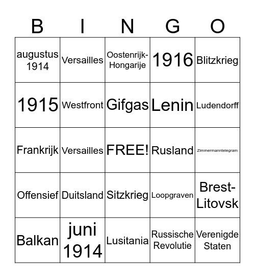 Eerste Wereldoorlog Bingo Card