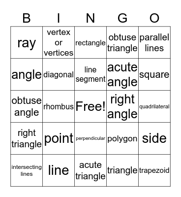 Lines, angles, Shapes.... Bingo Card