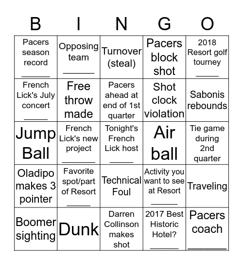 French Lick Resort Basketball Bingo Card